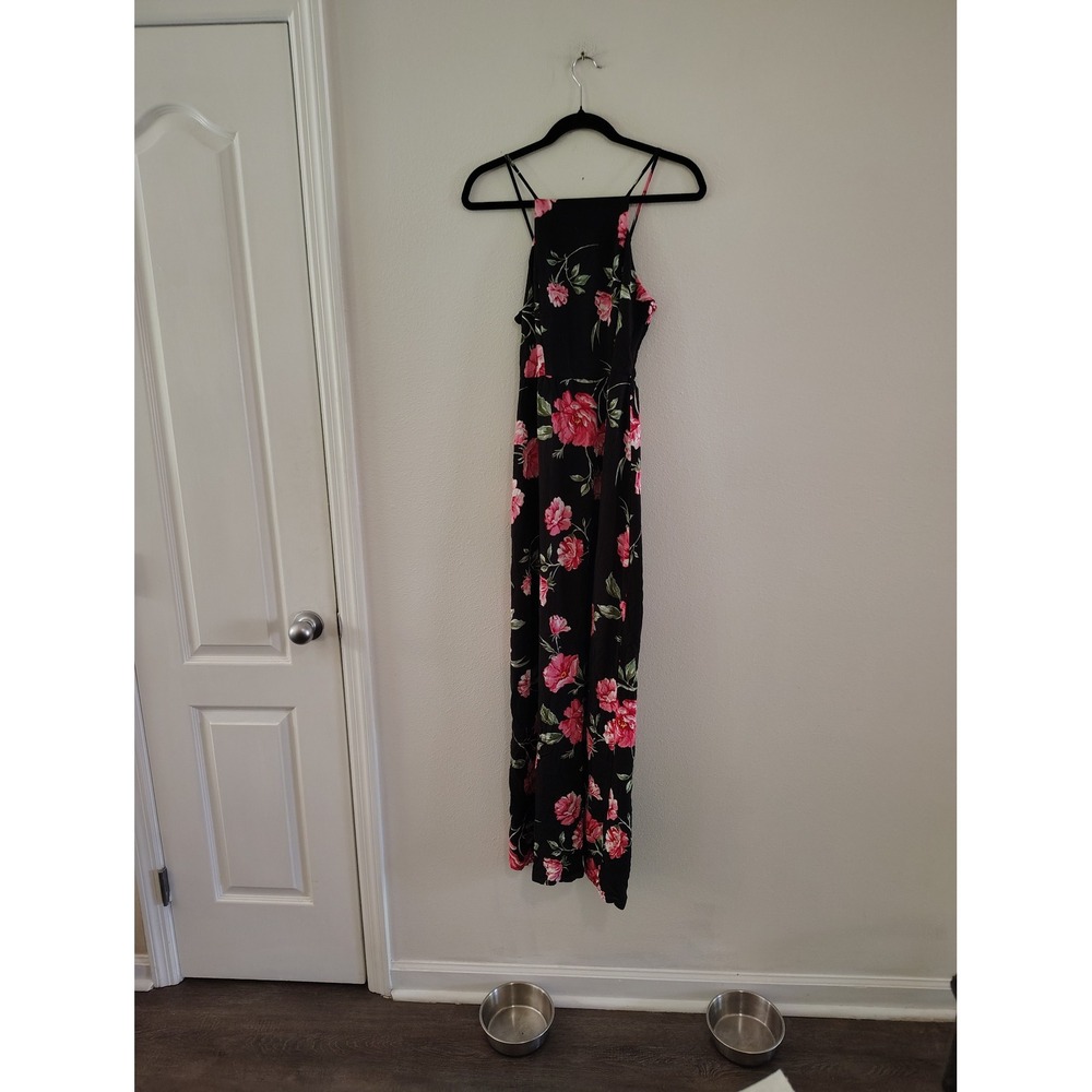 Band of Gypsies Black Pink Floral High Neck Maxi Dress Small Smocked Back